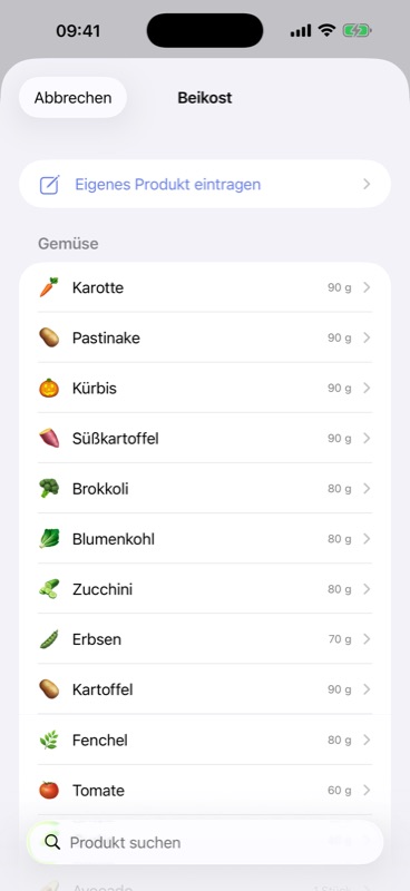 Beikost-Bibliothek mit Suche und Portionen